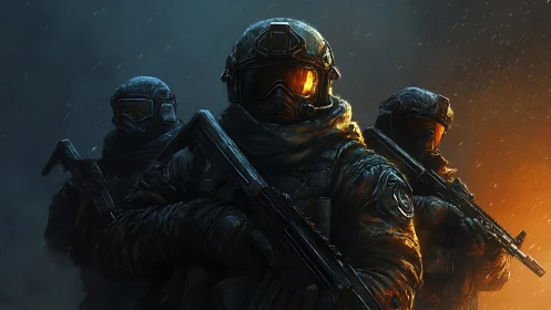 Tactical assault squad in rain, dual light contrast, rifles raised