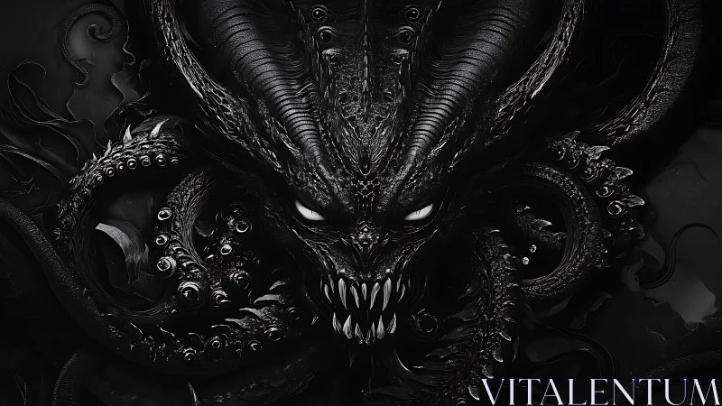 Abyssal horned leviathan grins from swirling black tides.