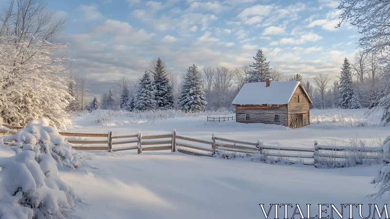 Snow-covered wooden cabin and fence in a winter landscape