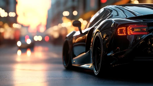 Sleek black sports car on wet city street at dusk.