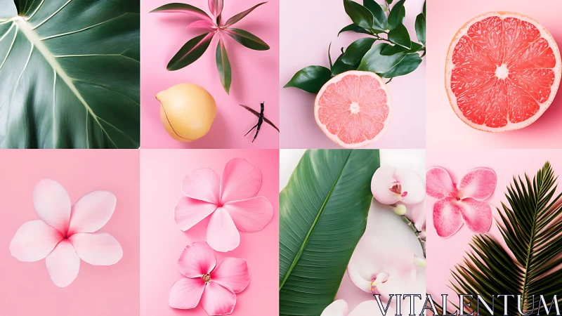 Botanical citrus grid pairs lush leaves, florals, and fruit