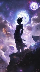 Cosmic warrior gazes into glowing twin moons in silence