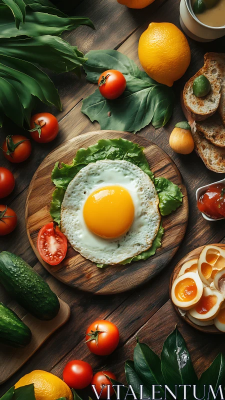 Sunny side egg breakfast with fresh vegetables on board.