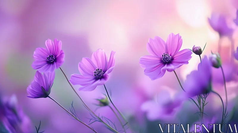 Vibrant purple cosmos flowers with selective focus and soft bokeh background.
