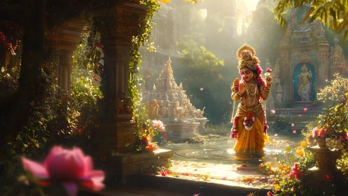 Golden child deity wanders through a sunlit temple garden