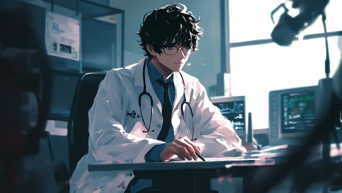 Young doctor in lab coat working at modern hospital desk.