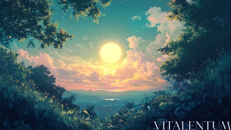 Sunlit valley framed by glowing foliage at serene sunset.