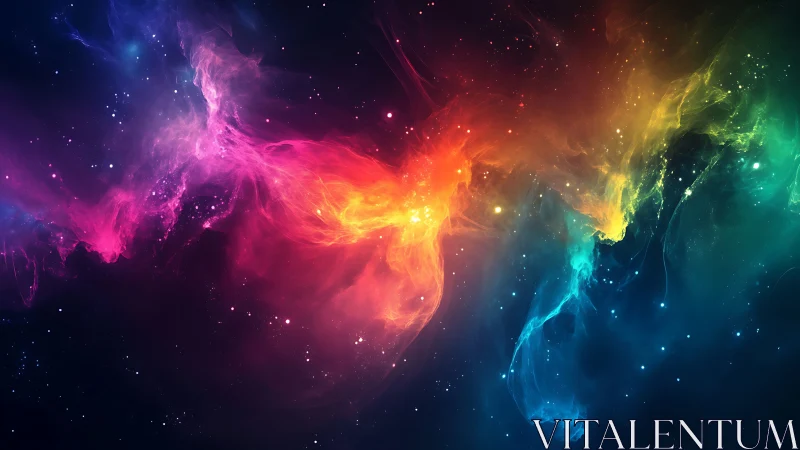 Radiant cosmic nebula glowing in swirling rainbow colors.
