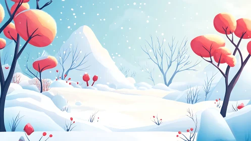 Snowy hills with vivid coral trees glow in winter light.