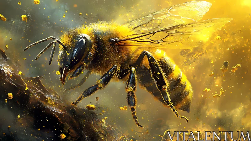 Radiant honeybee soars through golden pollen-filled light