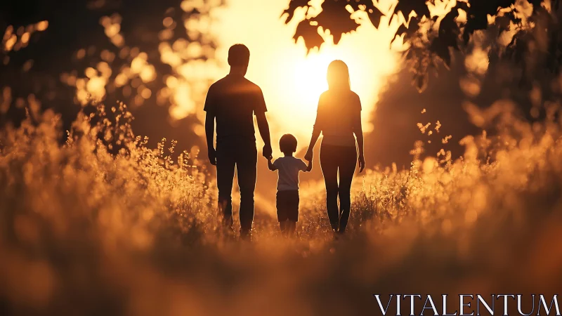 Family Walking into Golden Sunset Through Field.