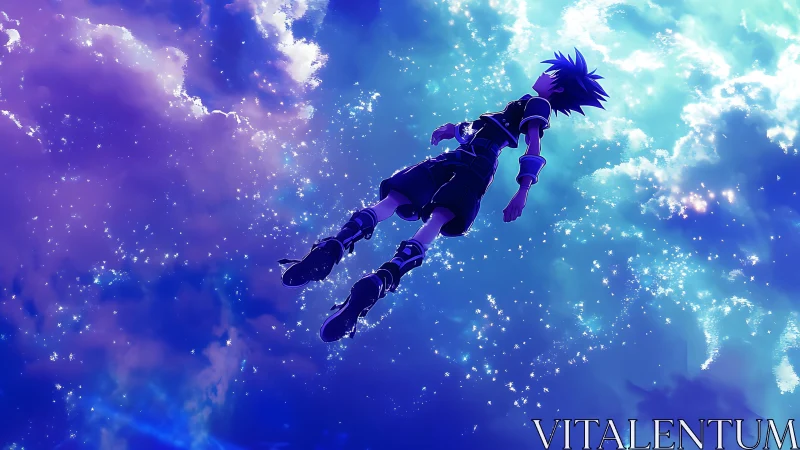 Anime boy drifts through luminous starfield skyscape