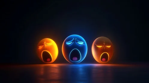 Three illuminated spherical faces in dark environment.
