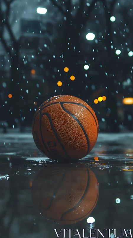 Lone basketball on wet court under cold city rainstorm.