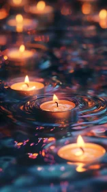 Floating tealight candles on rippling reflective water surface