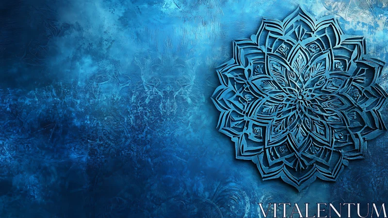 Intricate blue mandala relief over textured abstract wall.