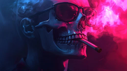 Neon-lit skull in shades enjoying a smoky midnight vibe.