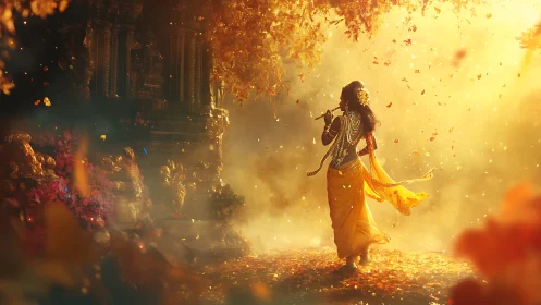 Divine figure playing flute in luminous autumn grove.