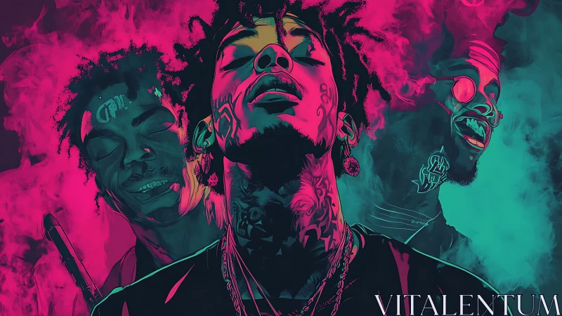 Neon lit hip hop trio emerges through vaporous magenta smoke