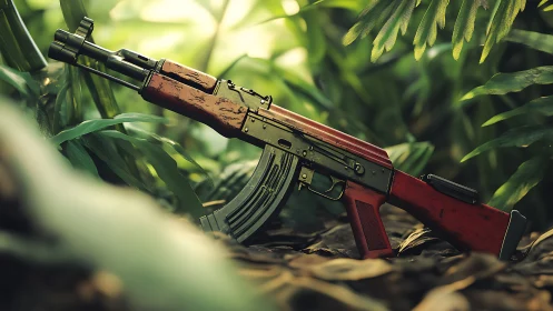 Rifle with wooden stock positioned on jungle forest floor.