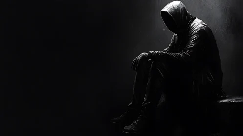 Hooded figure sits in shadowed corner under stark side light