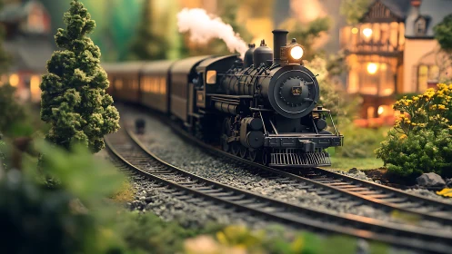 Model steam locomotive rounds curve in softly lit miniature village