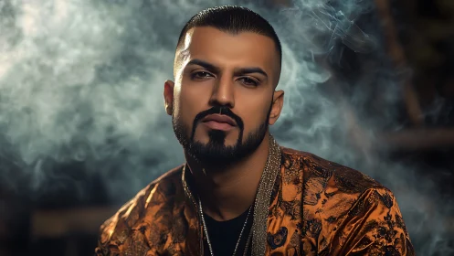 Portrait shows man in ornate jacket amid diffused smoke plume