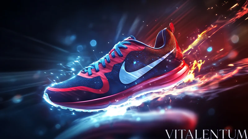 Dynamic sports shoe in motion with abstract light trails.