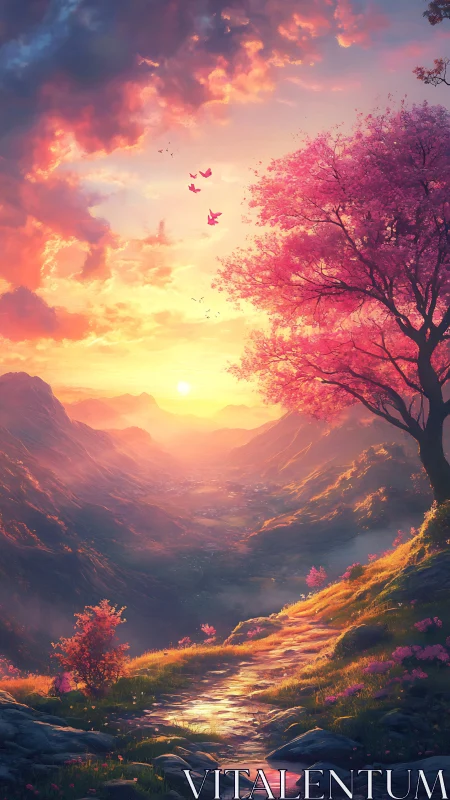Digital landscape depicts sunset valley with flowering tree