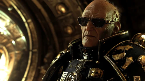 Stoic armored commander gazes ahead in golden starship glow