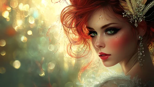 Red haired woman with jeweled headpiece in glowing bokeh light