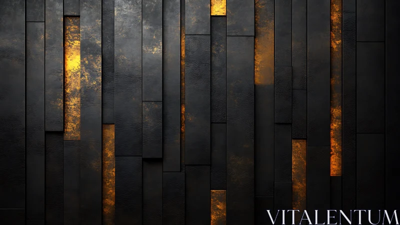 Abstract geometric wall with black panels and glowing gold accents.