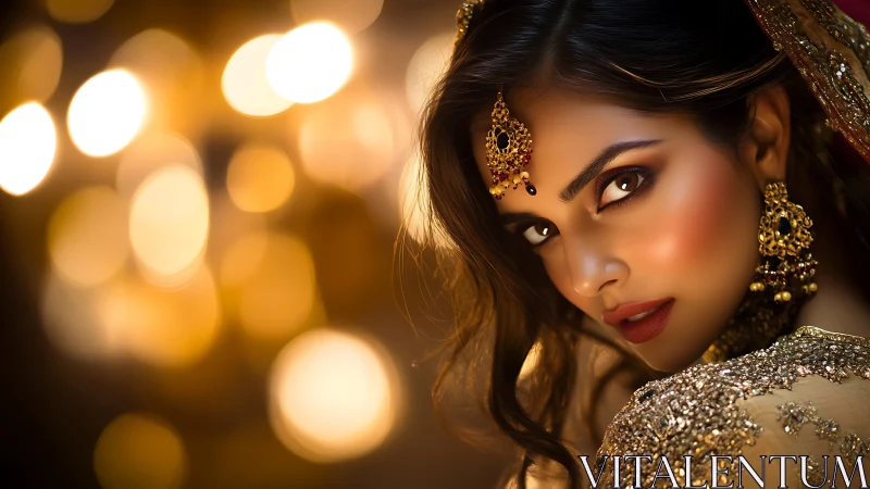 Bridal portrait with golden jewelry and warm bokeh lights.