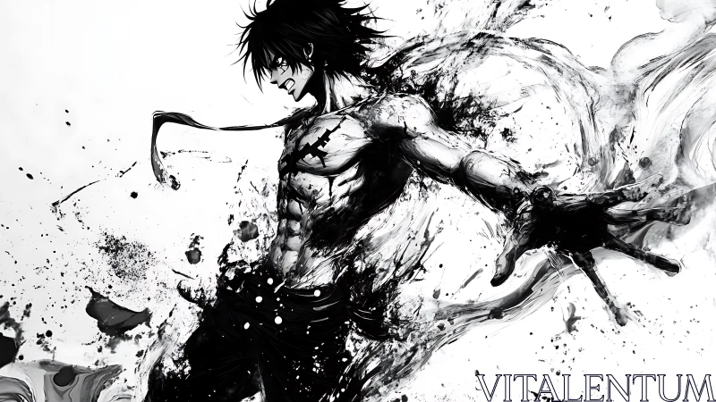 Monochrome ink-style male figure amid dynamic splashes.