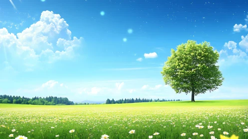 Lone green tree stands over sunlit meadow and bright sky.