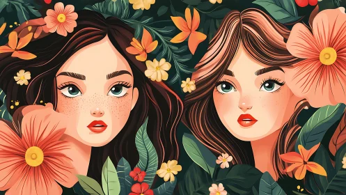 Two illustrated women with floral backgrounds in vibrant, modern art.