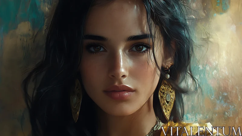 Digital portrait of woman with ornate earrings, soft bokeh tones.