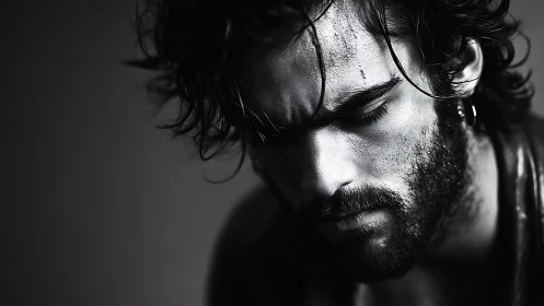 High contrast monochrome close-up of pensive sweaty man