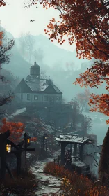 Foggy riverside structure stands amid autumn hillside path