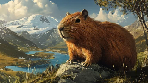 Gigantic capybara rendered against alpine lake and glacier vista