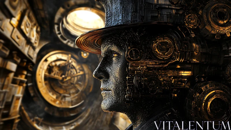 Chronometric cybernetic portrait in textured steampunk profile.