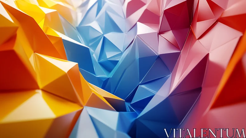 Chromatic low-poly topography with folded polygonal facets.