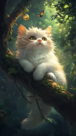 Fluffy white kitten on forest branch watching a butterfly.