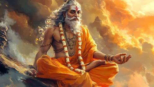 Meditative Hindu sage in orange robes amid glowing clouds.