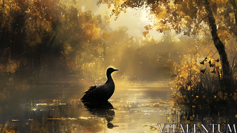 Golden mist crowns a lone waterbird in autumn hush