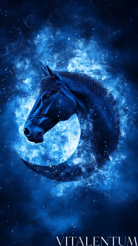 Luminous equine silhouette integrated with crescent lunar arc.