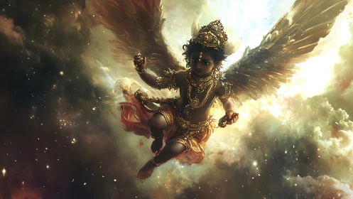 Celestial child soars through molten clouds of mythic dawn.