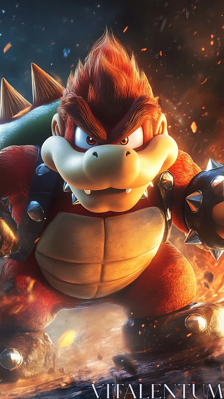 Dynamic 3D render of armored creature amid volcanic sparks