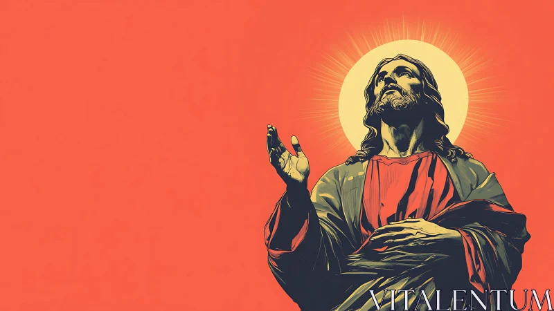 Iconic robed figure with radiant halo on bold orange field.