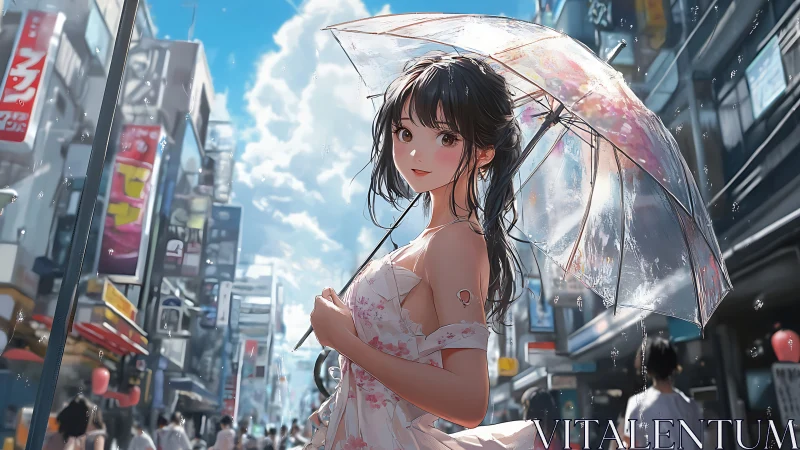 Rain-kissed city stroll with luminous umbrella dream.